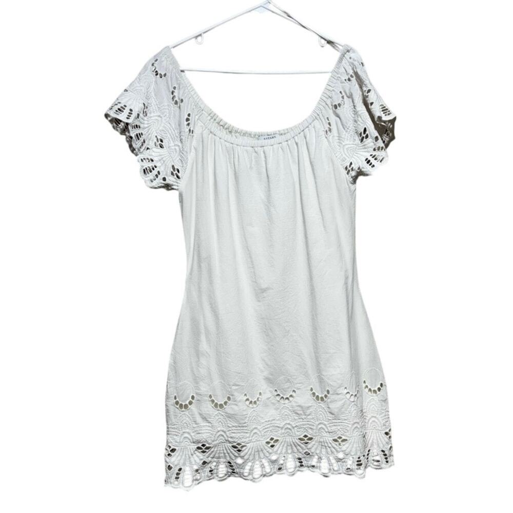 ASTARS + Evereve Eyelet Shift Dress XS White Off Shoulder Scalloped Hem Bride